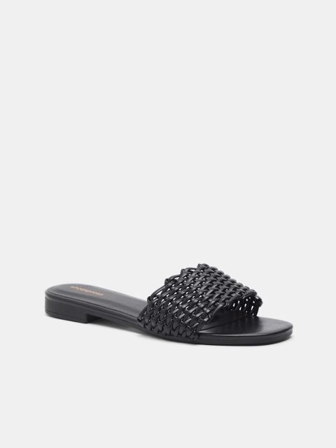 

shoexpress Women Black Woven Design PU Open Toe Flats