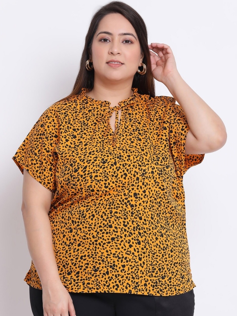 

Oxolloxo Women Yellow & Black Animal Printed Tie-up Neck Regular Top