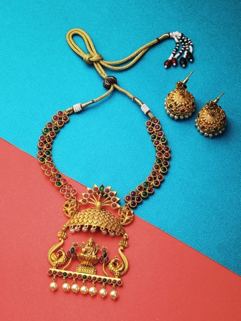 

Adwitiya Collection 24CT Gold-Plated & Red Brass Temple Handcrafted Jewellery Set