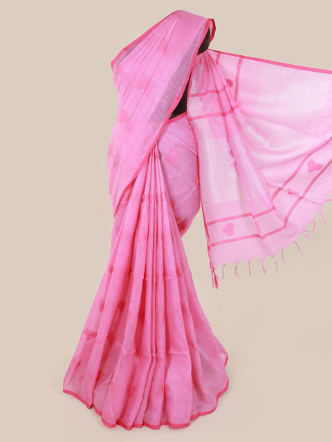 

Pothys Pink & Silver-Toned Linen Blend Woven Design Saree