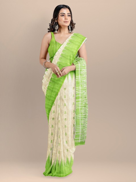

BharatSthali Beige & Green Pure Silk Woven Design Sambalpuri Saree