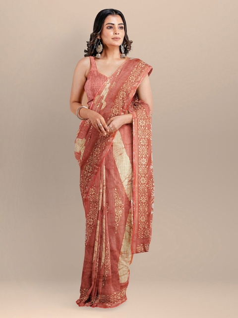

BharatSthali Red & Cream-Coloured Silk Cotton Printed Venkatgiri Saree