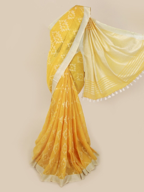 

Pothys Yellow & Silver-Toned Linen Blend Woven Design Saree
