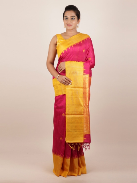 

Pothys Magenta & Yellow Pure Silk Woven Design Dabu Saree