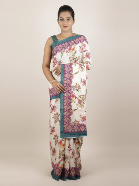 

Pothys Off-White & Blue Pure Silk Printed Tussar Saree