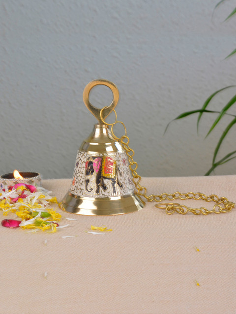 

StyleMyWay Gold-Toned & White Meenakari Brass Hanging Temple Bell