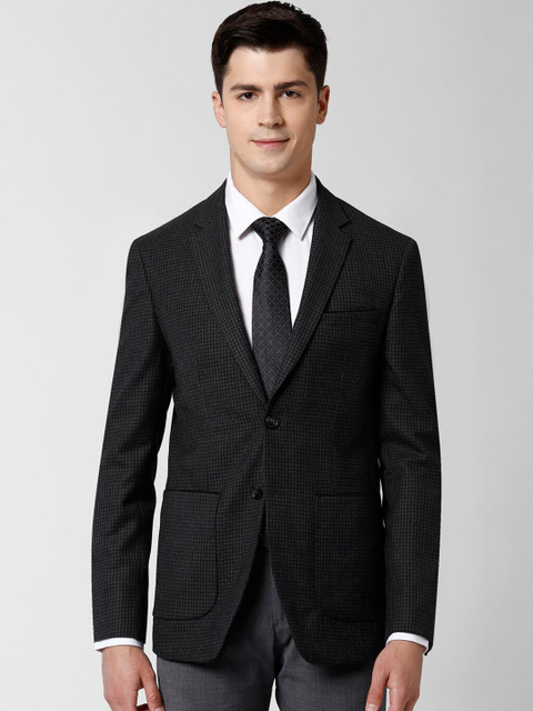 

Peter England Elite Men Black Checked Single-Breasted Woolen Formal Blazer