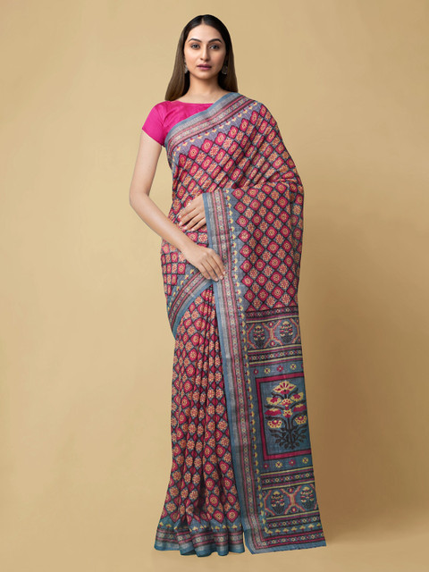 

Unnati Silks Grey & Pink Linen Blend Printed Jamdani Saree