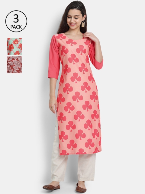 

7Threads Women Pack of 3 Floral Printed Crepe Kurtas, Pink