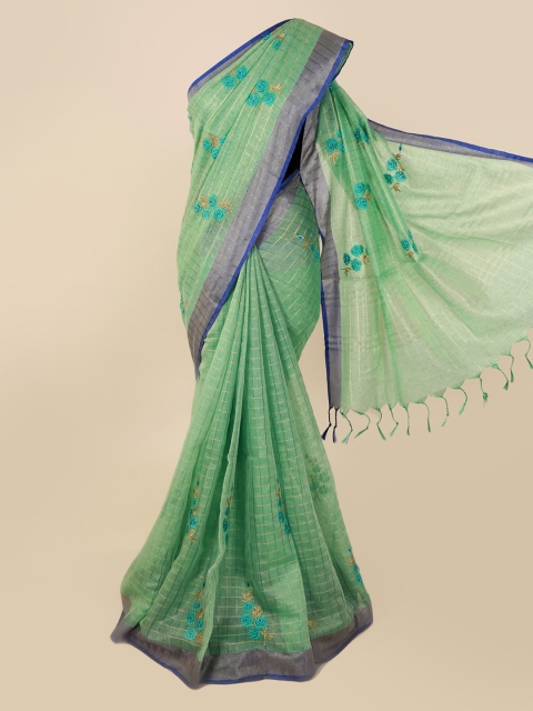 

Pothys Green Embroidered Linen Blend Saree
