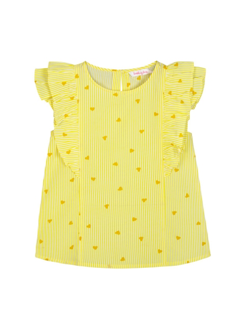 

Budding Bees Girls Yellow Striped Flutter Sleeves Pure Cotton Regular Top