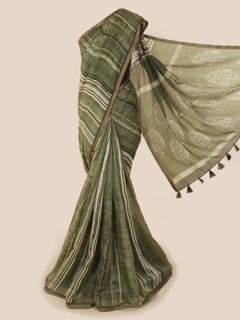 

Pothys Green & Off-White Jute Cotton Striped Saree