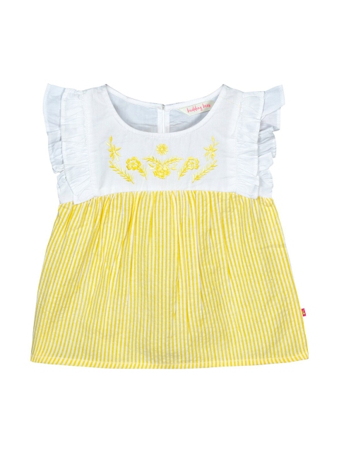 

Budding Bees Girls White & Yellow Striped Flutter Sleeves Pure Cotton A-line Top