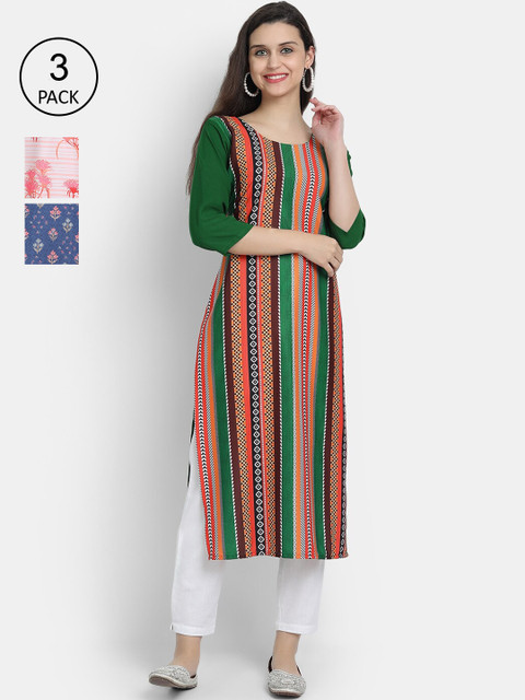 

7Threads Women Pack of 3 Multicoloured Ethnic Motifs Printed Crepe Kurta, Multi