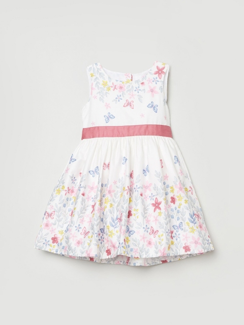 

max Girls White & Pink Floral Printed Cotton Fit and Flare Dress