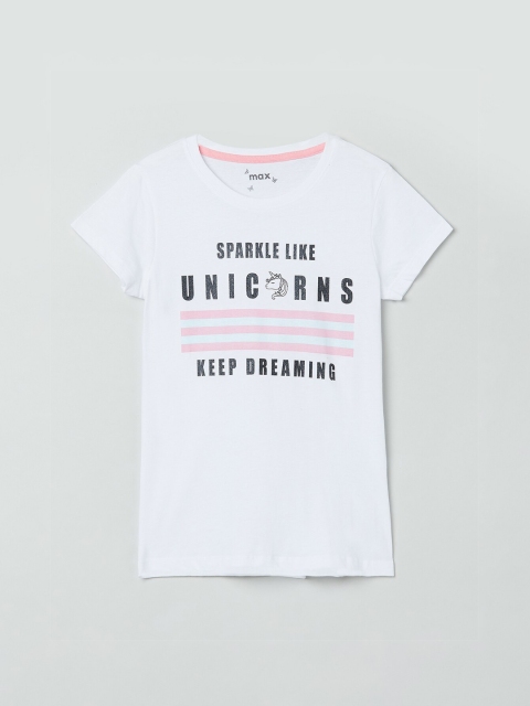 

max Girls White Printed Round Neck T-shirt