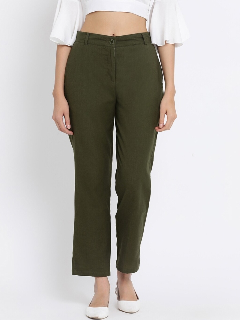 

Meee Women Olive Green Regular Fit Solid Regular Trousers