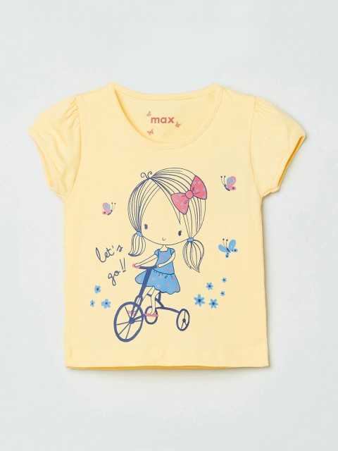 

max Girls Yellow Printed Round Neck Cotton Pure Cotton T-shirt