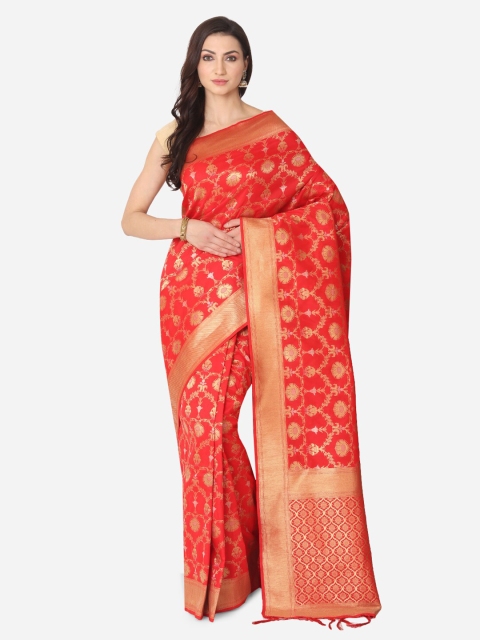 

BOMBAY SELECTIONS Red & Gold-Toned Silk Blend Woven Design Banarasi Saree