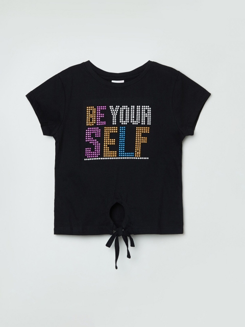 

max Girls Black Printed Round Neck T-shirt