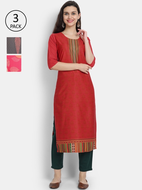 

7threads Women Pack of 3 Multicoloured Ethnic Motifs Crepe Kurta, Multi
