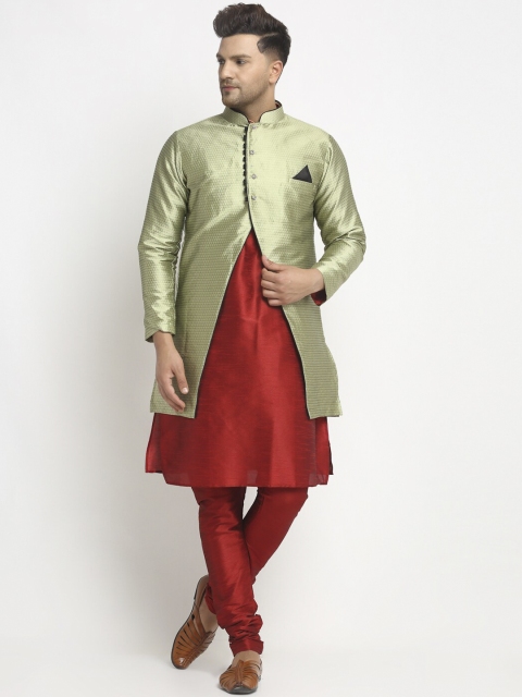 

Benstoke Men Maroon & Green Woven-Design Sherwani