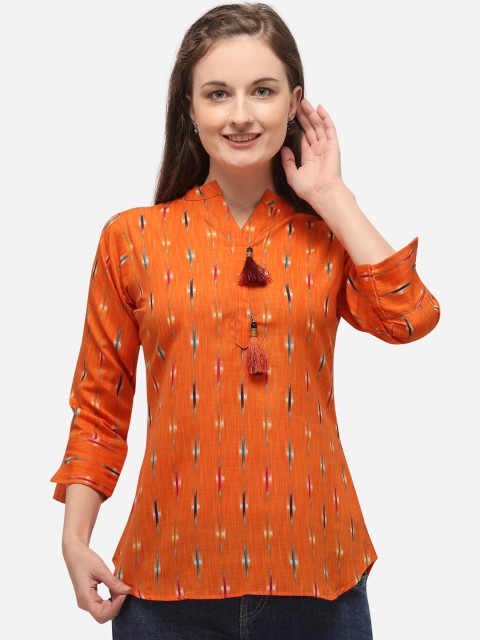 

VENISA Orange Printed Mandarin Collar Shirt Style Top