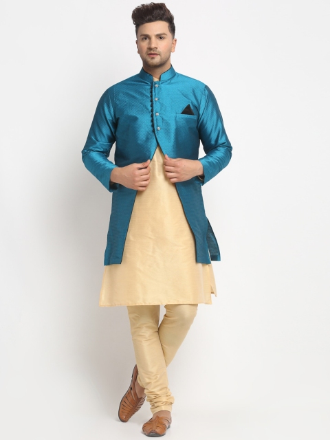 

Benstoke Men Cream-Colored & Blue Woven Design Sherwani