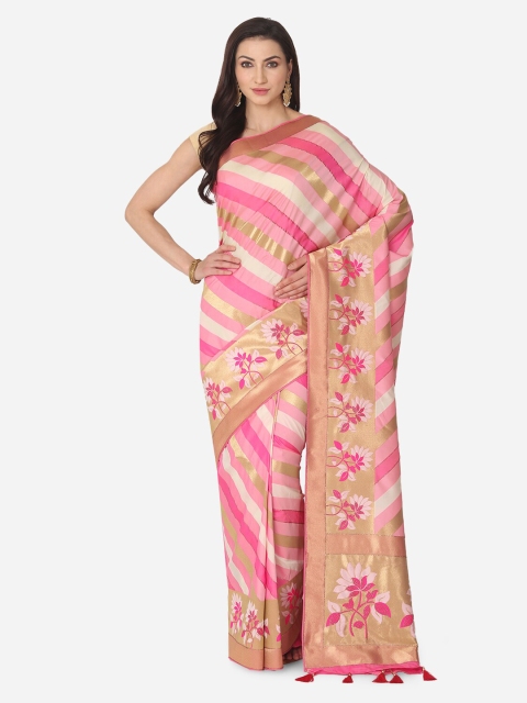 

BOMBAY SELECTIONS Pink & Beige Silk Blend Striped Banarasi Saree