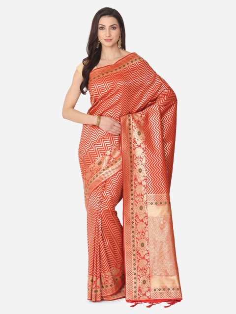 

BOMBAY SELECTIONS Red & Gold-Toned Silk Blend Printed Banarasi Saree