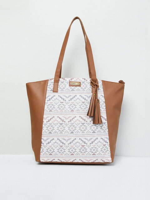 

max Beige & White Self Design Tote Bag