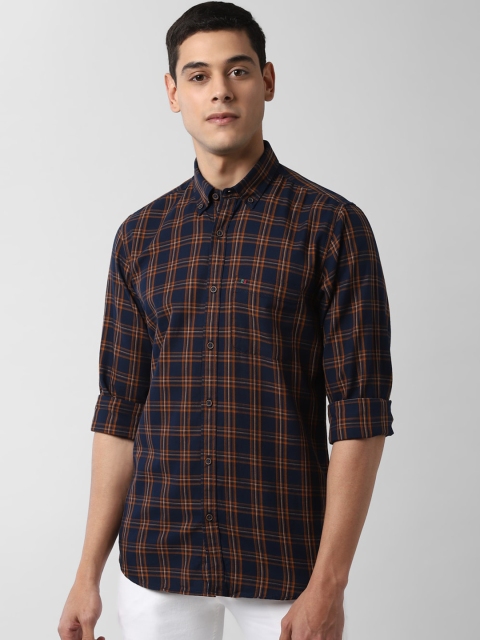 

Peter England Casuals Men Navy Blue & Orange Slim Fit Checked Casual Shirt