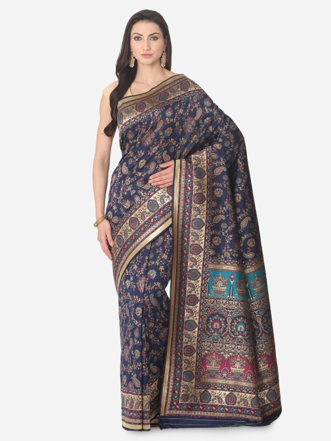 BOMBAY SELECTIONS Blue & Gold-Toned Silk Blend Printed Jamdani Saree