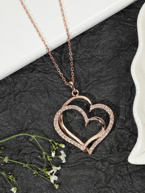 

AQUASTREET 18K Rose Gold-Plated & White Artificial Stone-Studded Heart Shaped Pendant With Chain