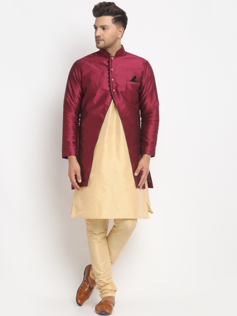 

Benstoke Men Gold Coloured & Purple Solid Sherwani Set