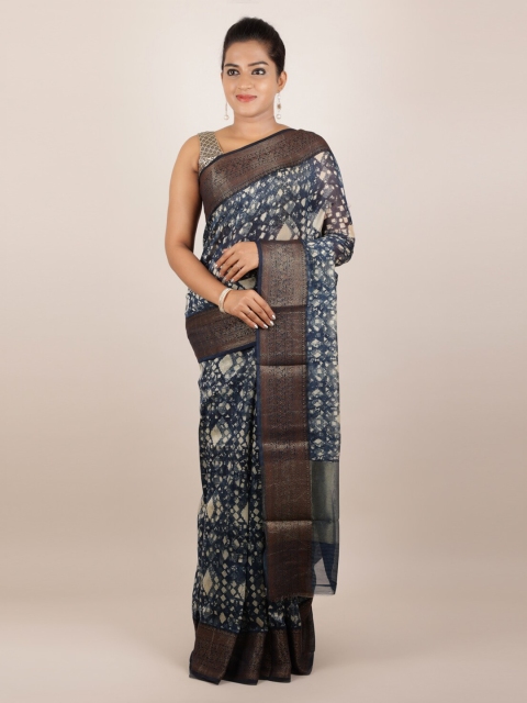 

Pothys Blue Pure Silk Printed Tussar Saree