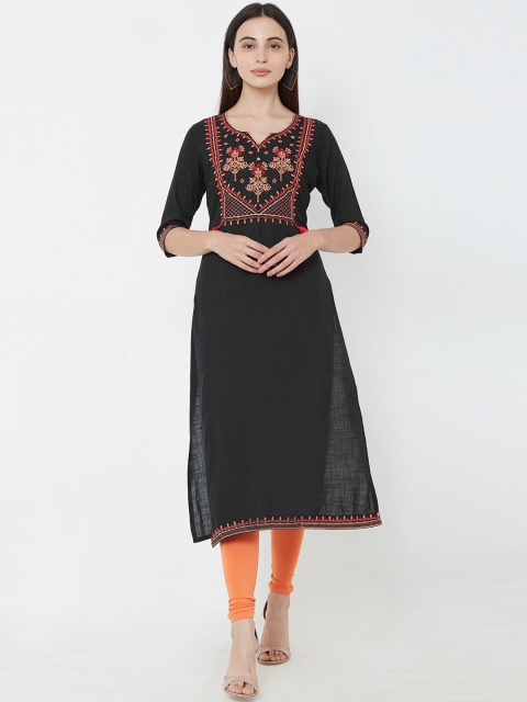 

Fashor Women Black Yoke Design Thread Work Straight Kurta