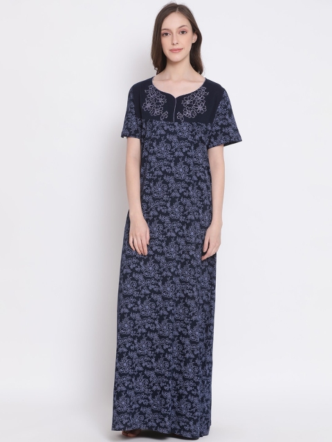 

Kanvin Navy Blue & Grey Melange Printed Nightdress