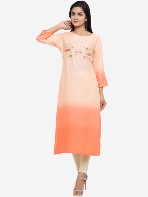 

Tistabene Women Peach-coloured & Orange Floral Embroidered Thread Work Kurta