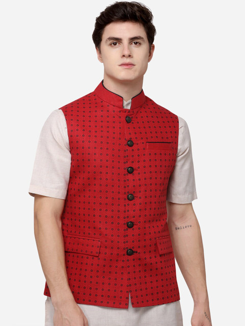 

JB STUDIO Men Red & Black Printed Nehru Jacket