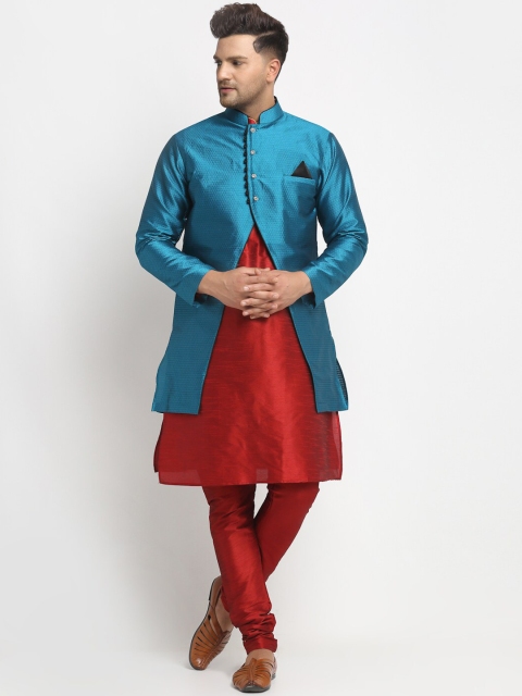 

Benstoke Men Maroon & Blue Woven Design Sherwani Set