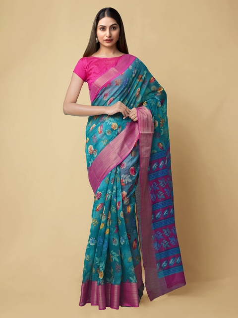 

Unnati Silks Turquoise Blue & Pink Silk Cotton Woven Design Chanderi Saree