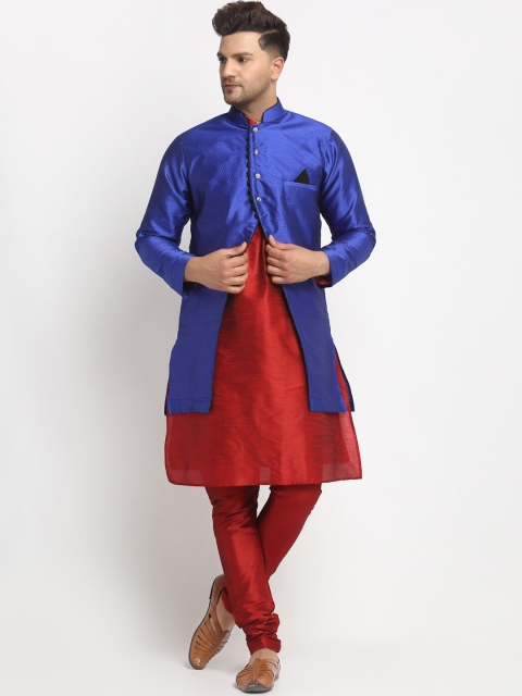 

Benstoke Men Maroon & Blue Woven-Design Sherwani Set