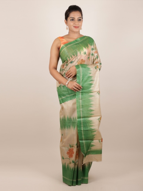 

Pothys Cream-Coloured & Green Pure Silk Printed Tussar Saree