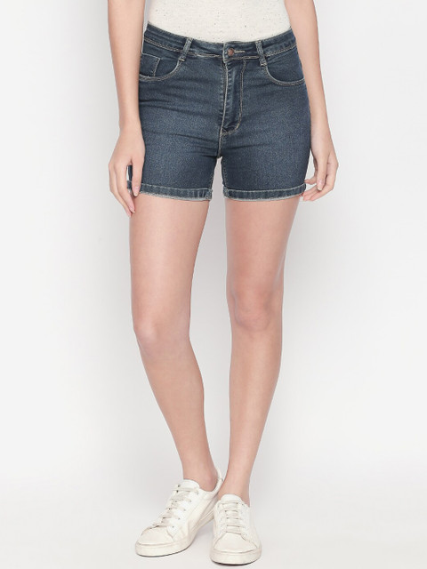 

PURPLE WATER Women Navy Blue Solid Slim Fit Denim Shorts