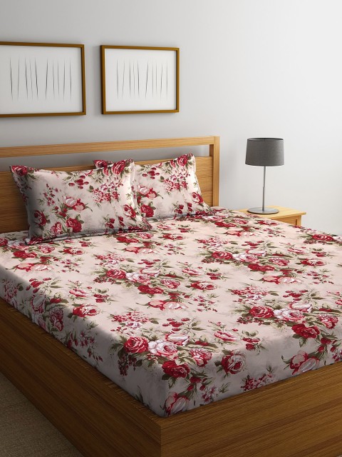 

NEUDIS Beige & Pink Floral 180 TC Polycotton 1 King Bedsheet with 2 Pillow Covers