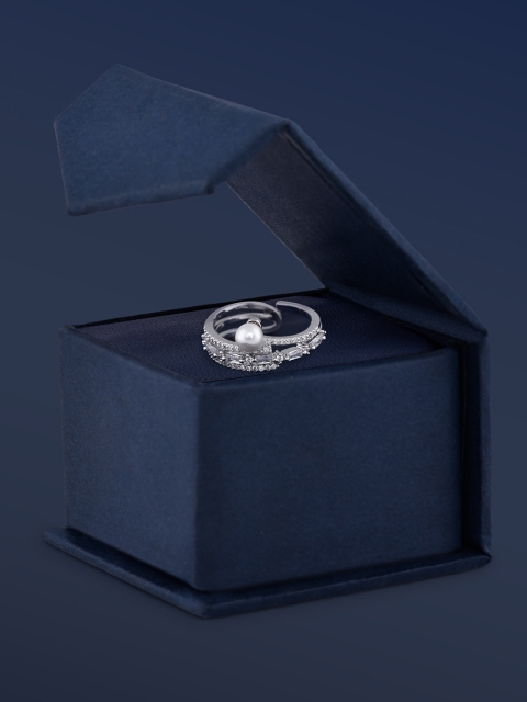 

Amavi Silver-Plated White AD-Studded & Pearl Embellished Finger Ring