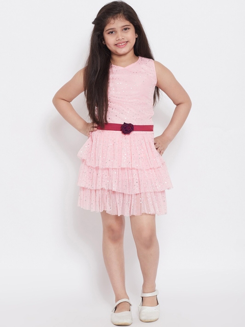 

Stylo Bug Girls Pink Printed Fit and Flare Dress With Belt