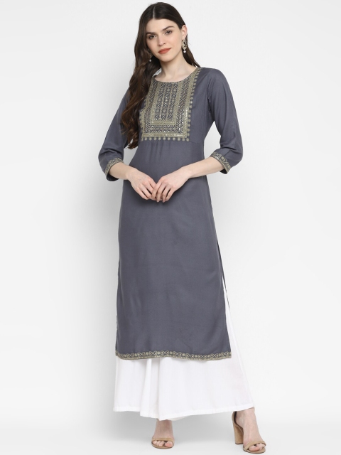 

Vbuyz Women Grey Yoke Design Thread Work Straight Kurta