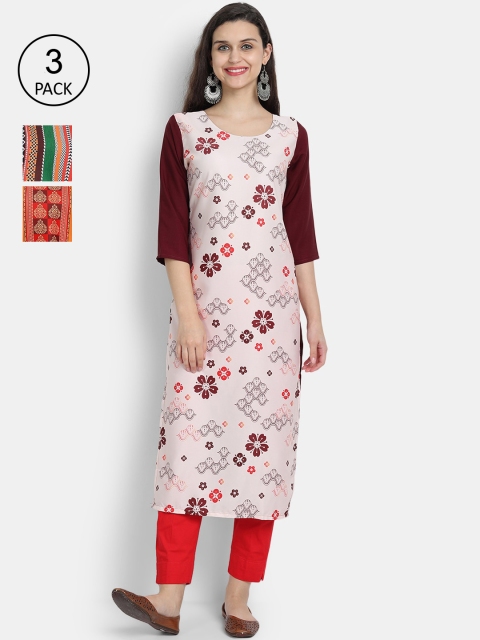 

7threads Women Multicoloured Pack of 3 Floral Printed Crepe Kurta, Multi